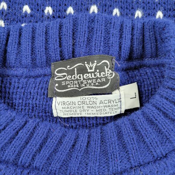 VTG Sedgwick Fair Isle Ski Sweater Blue Red White Acrylic L Winter Holiday - Picture 14 of 15